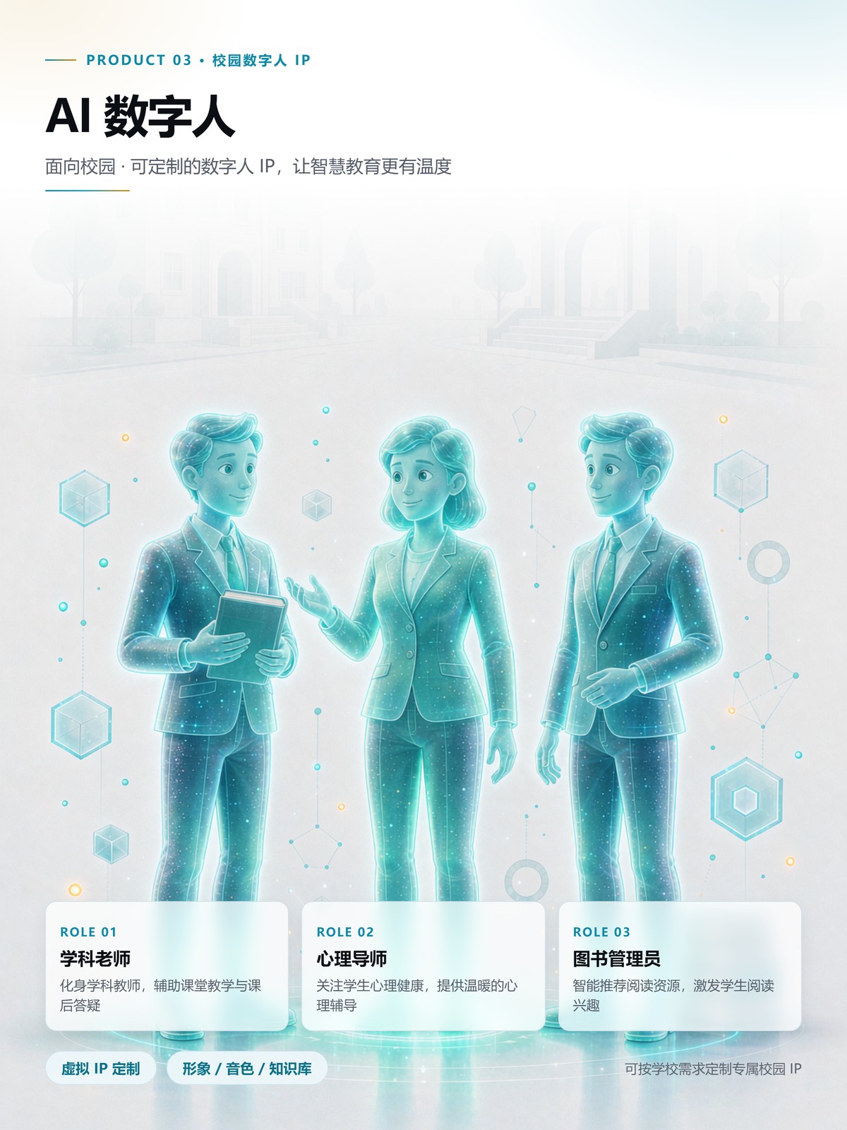 AI 数字人：学科老师、心理导师、图书管理员三类校园角色